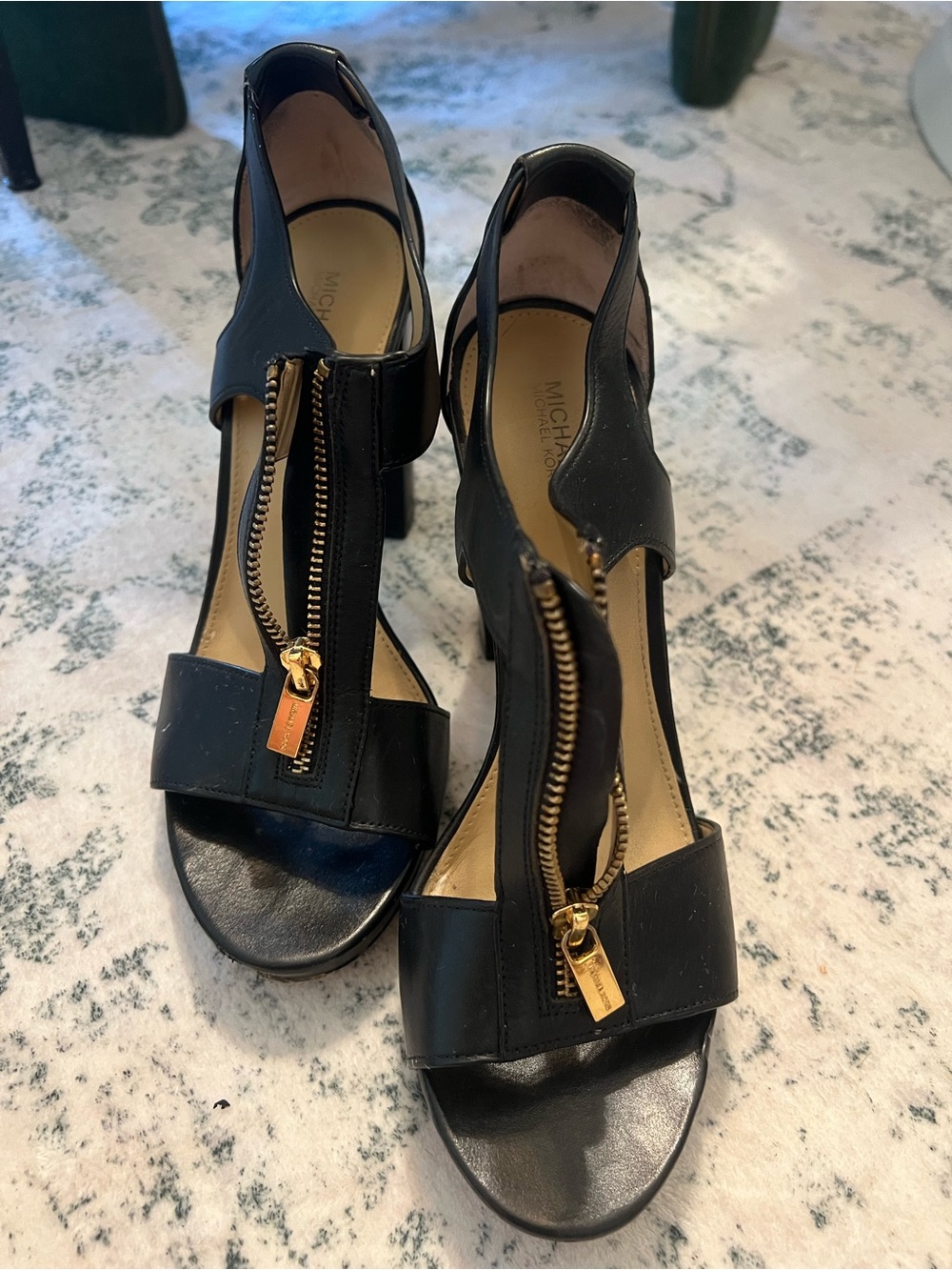 MICHAEL Michael Kors Black Leather Zip-Front Block Heel Sandals